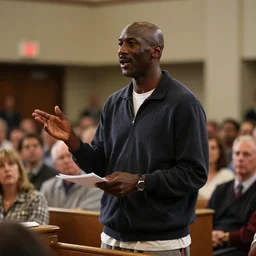 a cinematic still of Michael Jordan preaching to a church congregation in 1998, shallow depth of field, portrait, 40mm