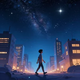 color photo of a boy walking down a city in space, sky is full of stars