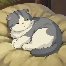 beautiful anime by studio ghibli. bicolor gray and white Scottish Fold English Shorthair mix. napping cat on comforter. cozy scene. beautiful anime by studio ghibli.