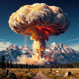 grand teton national park, nuclear war artwork, retrowave, digital art, surreal, nuclear mushroom cloud, interpretive