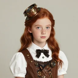 photo of a ten year old girl in steampunk fashion by lilia alvarado, steampunk, red hair, freckles