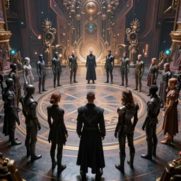 love, diverse dark cybersuits, from behind, connection rituals, wide wide angle, vivid, elaborate, highly detailed, beautiful lighting
