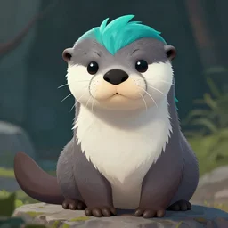 male grey anthropomorphic otter with turquoise hair and orange nose and white tummy, artstation, fantasy