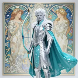 an epic concept art of a handsome androgynous snow elf with a bow in a turquoise cape and silver armour, albino skin, winter vibes, elegant, very coherent symmetrical artwork, by tomasz alen kopera and alphonse mucha, sharp focus, octane render, unreal 5, trending on artstation
