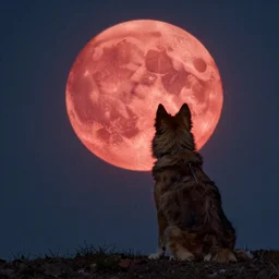 a photo of a dog watching red moon