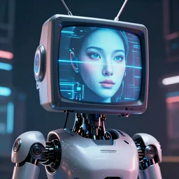 portrait of a slick futuristic robot with a large square tv for a head, displaying a digital face. hyper realistic. cyberpunk background. intricate details