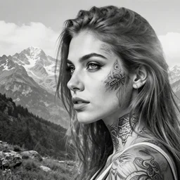 double exposure of a beautiful mountain scenery with a beautiful woman face, tattoo design sketch, in the style of matteo pasqualin, hyper - realistic, amazing detail, black and white, faded