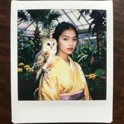 head to shoulder portrait Polaroid film photograph of an elegant top model wearing a yellow kimono with a very detailed barn owl on her shoulder!!! in a tropical greenhouse. looking at the camera!!. super resolution. Polaroid 600 film. art by Alessio albi and  john william waterhouse and John Singer Sargent