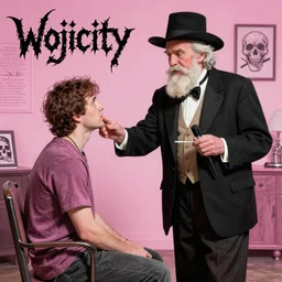 the famous snake oil salesman Uncle Aloysius curing a patient of the pink wojacity, death metal album art by Ed Repka