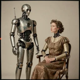 a beautiful ultradetailed vintage couples portrait photo of old cyborg standing next to a cyborg sitting on a chair, by tom bagshaw and anna dittman, couples portrait, vignette, 35mm lens, golden ratio composition, detailed faces, studio photography, very detailed, humanoids, artstation, 8k, highly coherent