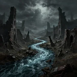 landscape in hell, river styx, ruins, fortresses, dark, hellscape, digital art
