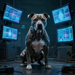 cyborg - pitbull, surrounded by screens, in 2 0 4 5, y 2 k cybercore, industrial low - light photography, still from a ridley scott movie