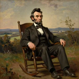 portrait of abraham lincoln, wrinkled, grey hair sitting in rocking chair, landscape of kentucky wilderness, oil on canvas by william sidney mount - 1 8 7 2, trending on artstation