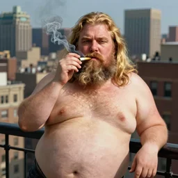 norman rockwell portrait of an (((((overweight))))) man with long blonde hair and a (shaggy) beard smoking a joint on a balcony in New York City, Norwegian Man