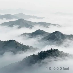 “ aerial view of mountains in the fog, vector art, 1 0, 0 0 0 feet ”