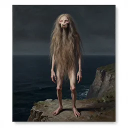 by zdzisław beksinski, by ivan albright lifelike, accurate. a beautiful experimental art of a human - like creature with long, stringy hair. the figure has no eyes, only a mouth with long, sharp teeth. the creature is standing on a cliff overlooking a dark, foreboding sea.