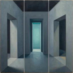 centralized triptych style painting showing walls with portals to another, sharp focus, world, digital, detailed artist, wlop artgerm