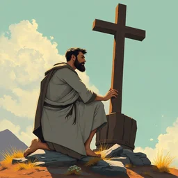 by dean ellis, pascal campion anton fadeev beautiful graphic full body portrait of a man kneeling at the base of a christian cross, 1 9 7 0 s illustrated advertising art, painterly character design