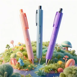 3 d pens with logos in a colorful world, on clear background, 3 d render, amazing detail, concept art, ray tracing, smooth, sharp focus, ethereal lighting