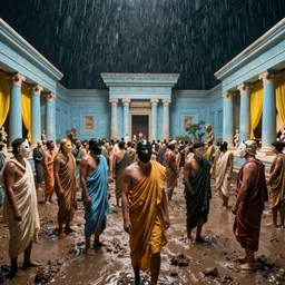 pov in a crowd of people in toga wearing masks in ancient neoclassical buildings, light blue troglodyte temples with yellow drapery in a deep flesh pit by piranesi, cinestill 8 0 0 t 3 5 mm, high quality, mud, rain, by night, ultra wide lens, anamorphic, cinematic light