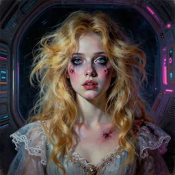 a beautiful and eerie baroque painting of a gorgeous young woman in dead space, with wild blonde hair and haunted eyes, 1 9 7 0 s, space station, neon light showing injuries, delicate ex embellishments, painterly, offset printing technique