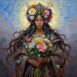 portrait oil painting, a beautiful young dark woman, cyberpunk colors, floral headdress, flowers, holding a bouquet of flowers, long flowing hair, ornate robe, ultra realistic, wide angle, intricate details, artifacts, luminous skies, highly detailed, michael cheval, peter mohrbacher, boris vallejo, jessica rossier, oil painting, highly detailed, cinematic lighting