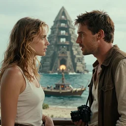 a beautiful photo from the film indiana jones and the fate of atlantis, with indiana talking to sophia hapgood, dslr, faces symmetrical