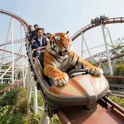 selfie of an excited tiger riding a roller - coaster, wide angle, highly - detailed realistic