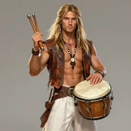 a hippy male ranger, dnd, wearing a leather vest and white linen pants, puka shell necklace, long swept back blond hair, with a bongo drum and nunchuku, chiseled good looks, digital art