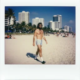 Polaroid photo of Zeus walking in miami beach 1968, colored, award winning photo, very famous photo