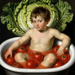 a boy sitting in a tub full of tomato sauce, a lot of cabbage, by giuseppe arcimboldo and ambrosius benson, renaissance, fruit, intricate and intense oil paint, realistic n 8