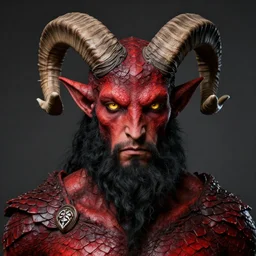 dnd portrait of a tiefling, male, red scales, a big black beard, completely golden eyes, 2 ram horns growing out of his forehead,