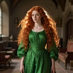 portrait of one beautiful young woman with flowing red hair, green dress, interior of a medieval living room, pre-raphaelite, backlit, by Waterhouse, by Millais