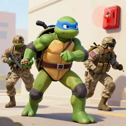 ninja turtles escape and two military ( american uniform ) ran to sound the alarm and all the turtles began to descend the water slides, comiс style, cosmos, 4 k,