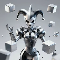 front shot of a court jester character mesmerizing fractal hyper cubes platinum cracked dark future metallic galactic fluid edges poly elegant detailed concept artstation sharp focus ray tracing cinematic masterpiece fine portrait