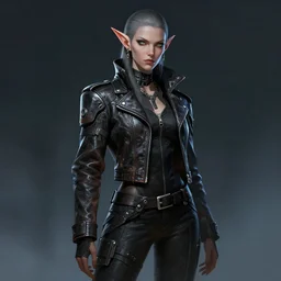 full body portrait of an elf woman with elf ears wearing a leather jacket, cyberpunk digital art, dramatic lighting, illustration by Greg rutkowski, yoji shinkawa, 4k, digital art, concept art, trending on artstation