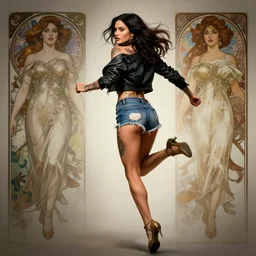 tattooed pinup sexy girl megan fox wearing a jacket and ripped shorts running and jumping, character sheet, contrast, deep focus, turnaround, highly detailed, dramatic lighting, rear view, ultra wide angle, digital painting, artstation, concept art, matte, sharp focus, illustration, elegant, art by artgerm and greg rutkowski and alphonse mucha.