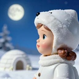 closeup profile face portrait of a tin toy eskimo girl, sky, winter, snow, 1 9 5 0 s, igloo, moon, polar bear, nicoletta ceccoli, mark ryden, lostfish, photography 4 k, f 1. 8 anamorphic, bokeh, 4 k, canon, nikon