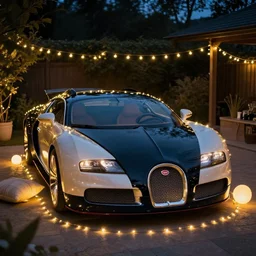 bugatti veyron, warm lighting, fairy lights, backyard at late night, round lights, pillows, tumblr aesthetic