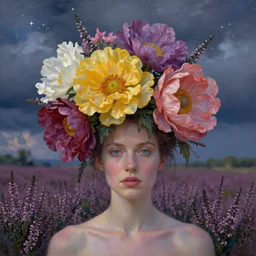 closeup, big flowers as head mohawk, woman in heather field, surreal photography, starlight, storm clouds, impressionist painting, digital painting, artstation, simon stalenhag
