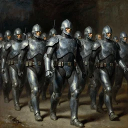 marching of the cybermen, detailed painting, dark lighting, by ilya repin, phil hale and kent williams