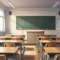 empty school classroom, rows of desks, blackboard, windows, visual novel background, anime