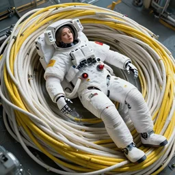a female robot astronaut lying in a massive bundle of thick white and yellow cables, exquisite detail