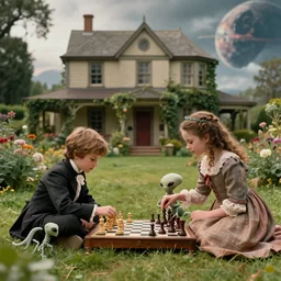 sharp, highly detailed, 2048k film, 1715mm film still from a sci fi blockbuster color movie made in 2019, set in 1860, of a boy and a girl playing chess with their small pet humanoid alien creature, in the garden of a house on an alien planet, are all wearing 1860s era clothes, cinematic lighting, in focus, 350mm f/1.4L lens