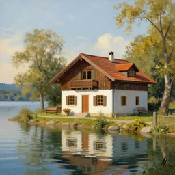 cool country home beside the calm lake, painted by leonardo da vinci