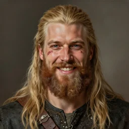 an portrait of an happy male viking, long blonde hair, beard, eye scar, lip scar, detailed, centered, digital painting, artstation, concept art, donato giancola, Joseph Christian Leyendecker, WLOP, Boris Vallejo, Breathtaking, 8k resolution, extremely detailed, beautiful, establishing shot, artistic, hyperrealistic, beautiful face, octane render