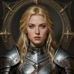 head-on centered symmetrical painted portrait, Elisha Cuthbert as a paladin, blonde hair, Rare Steel armour, dramatic lighting, intricate, fantasy, intricate, elegant, highly detailed, digital painting, smooth, sharp focus, illustration, dramatic lighting, artstation, in the style of Artgerm and Anna Podedworna