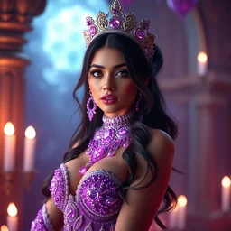 portrait full body pov of kylie jenner as a princess of amethyst, glowing, ornate and intricate purple jewelry, jaw dropping beauty, glowing background lighting, purple accent lighting, hyper detailed, fairy tale, 4 k octane render