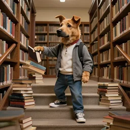 anthropomorphic dog as a university student in casual clothing, dropping books on steps of library, by leesha hannigan and ignacio fernandez rios, intricate, detailed, madcap, artstation, cinematic,