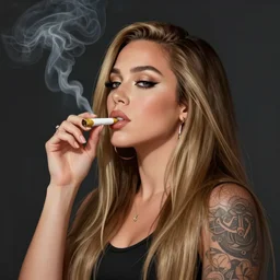 Miley Cyrus with long hair smoking a joint, highly, digital,, concept art, smooth, sharp focus, illustration,